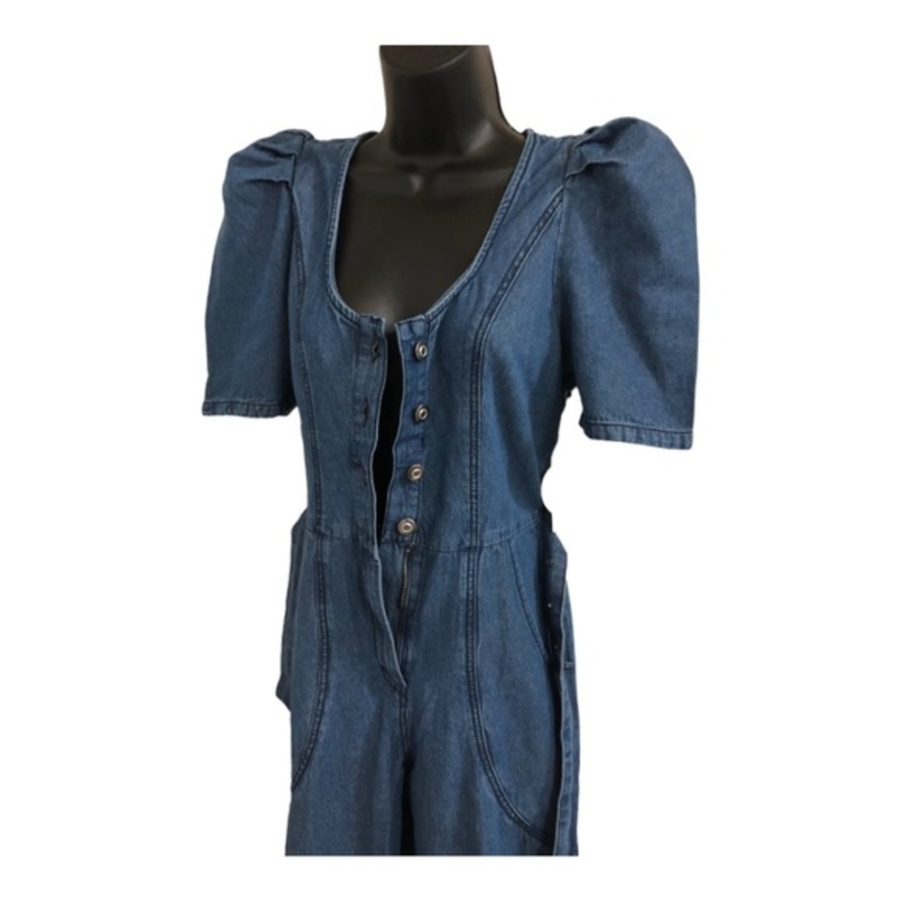 Jessica Simpson blue jeans denim puff sleeve adjustable hem jumpsuit size XS new - Picture 4 of 16